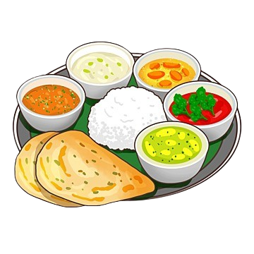 "Traditional Indian thali with rice, chapati, dal, curry, and side dishes"